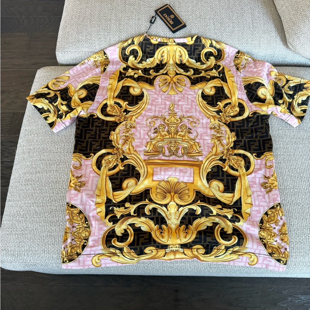 Versace Men's Short Sleeve Shirt - Pink and Gold Baroque